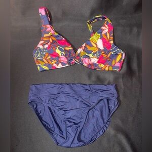 Lands' End Colorful Floral Bikini with Navy Bottoms